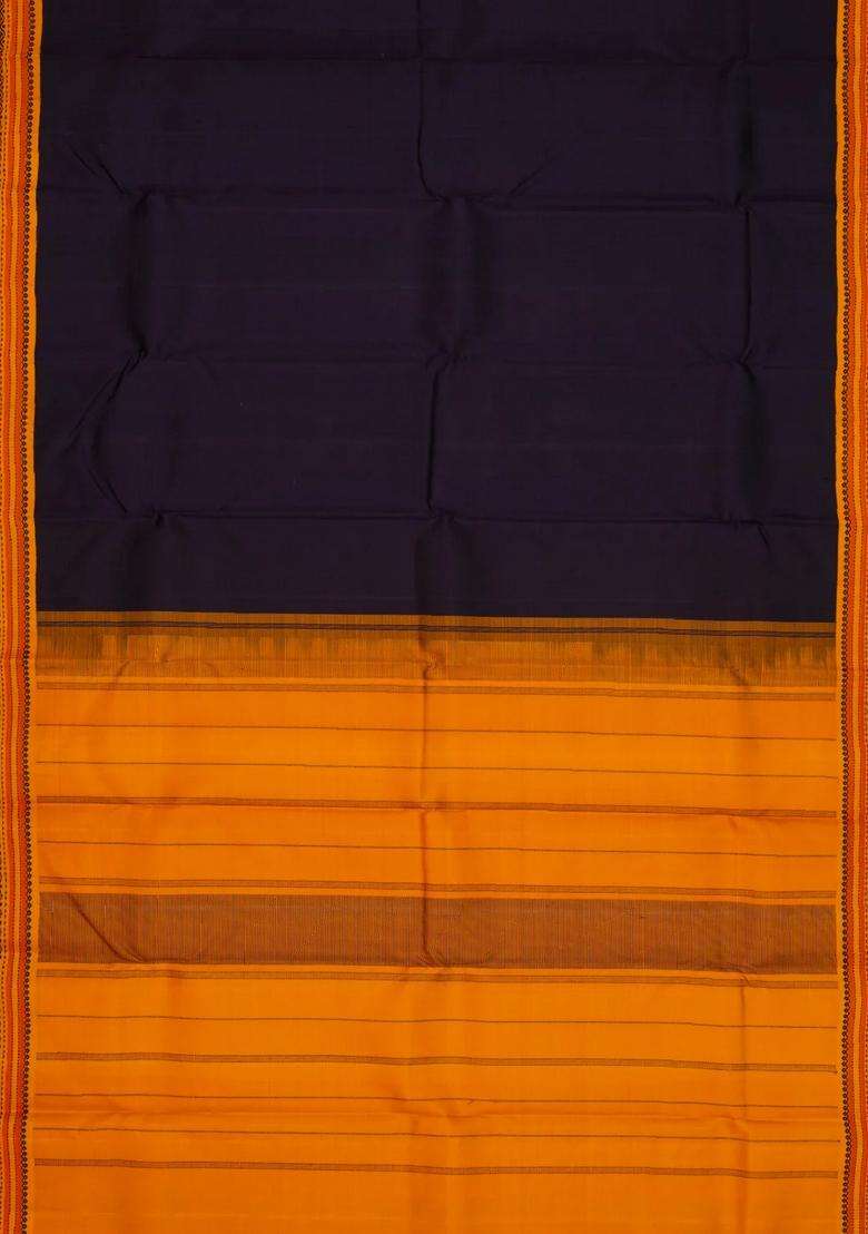 Black Handloom Korvai Kanchipuram Silk Saree With Mustard Border With Korvai And Temple Border Design For Women - Indya