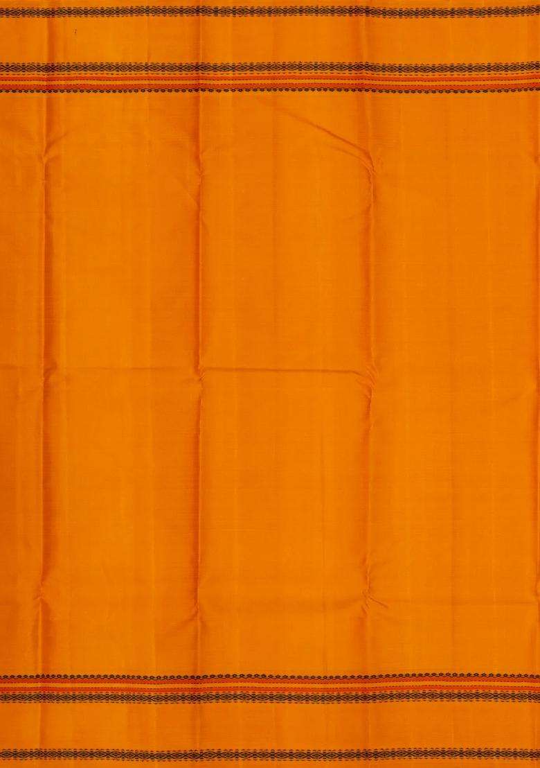 Black Handloom Korvai Kanchipuram Silk Saree With Mustard Border With Korvai And Temple Border Design For Women - Indya