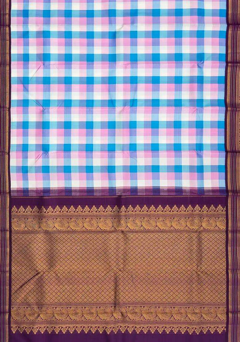 Multi Colour Handloom Korvai Kanchipuram Silk Saree With Checks Contrast Border With Korvai And Temple Border Design For Women - Indya