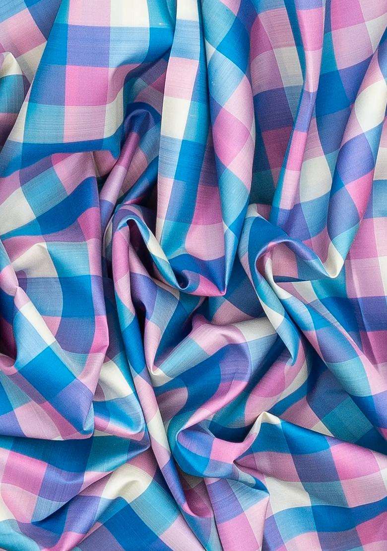 Multi Colour Handloom Korvai Kanchipuram Silk Saree With Checks Contrast Border With Korvai And Temple Border Design For Women - Indya