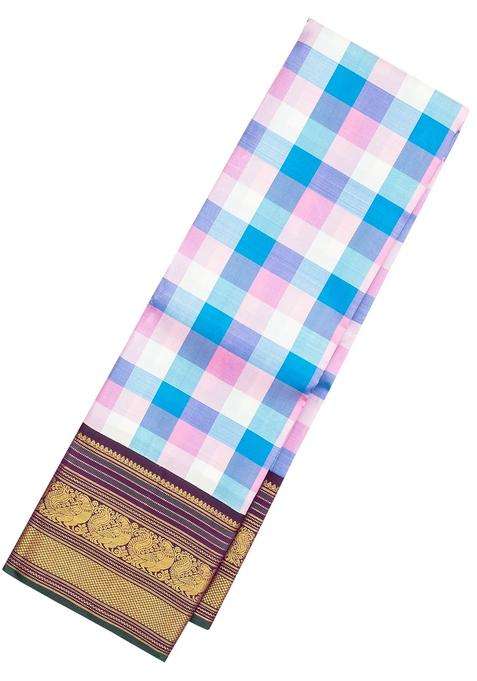 Multi Colour Handloom Korvai Kanchipuram Silk Saree With Checks Contrast Border With Korvai And Temple Border Design For Women