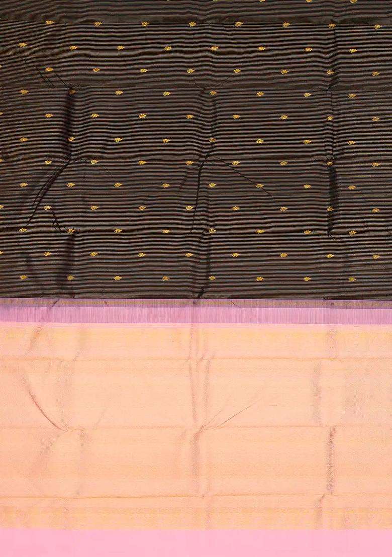 Black Handloom Korvai Kanchipuram Silk Saree With Stripes Buttas With Korvai And Temple Border Design For Women - Indya