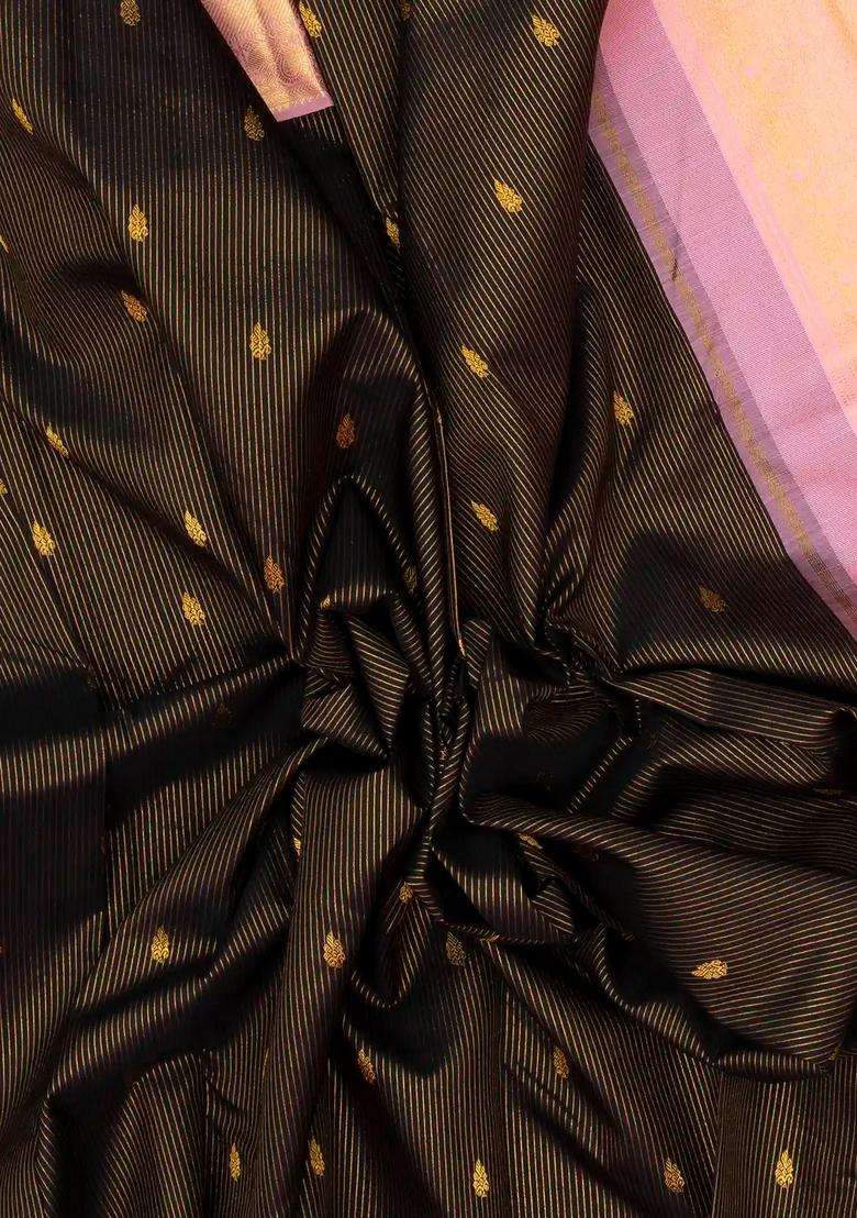 Black Handloom Korvai Kanchipuram Silk Saree With Stripes Buttas With Korvai And Temple Border Design For Women - Indya