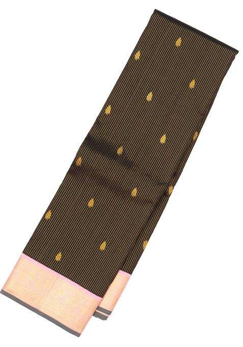 Black Handloom Korvai Kanchipuram Silk Saree With Stripes Buttas With Korvai And Temple Border Design For Women