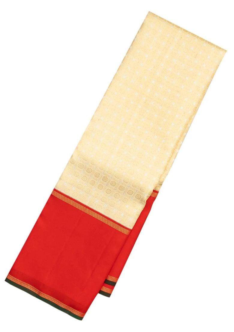 Cream Handloom Korvai Kanchipuram Silk Saree With Kamalam Motifs With Korvai And Temple Border Design For Women - Indya