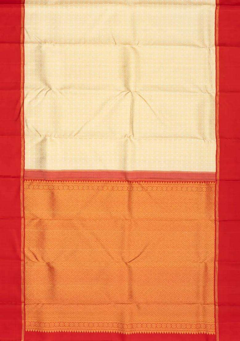 Cream Handloom Korvai Kanchipuram Silk Saree With Kamalam Motifs With Korvai And Temple Border Design For Women - Indya