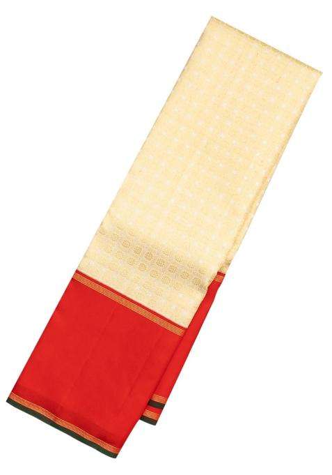Cream Handloom Korvai Kanchipuram Silk Saree With Kamalam Motifs With Korvai And Temple Border Design For Women