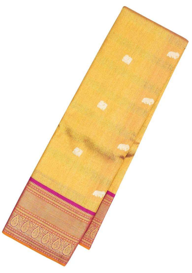 Gold Handloom Korvai Tissue Kanchipuram Silk Saree With Buttas With Korvai And Temple Border Design For Women - Indya
