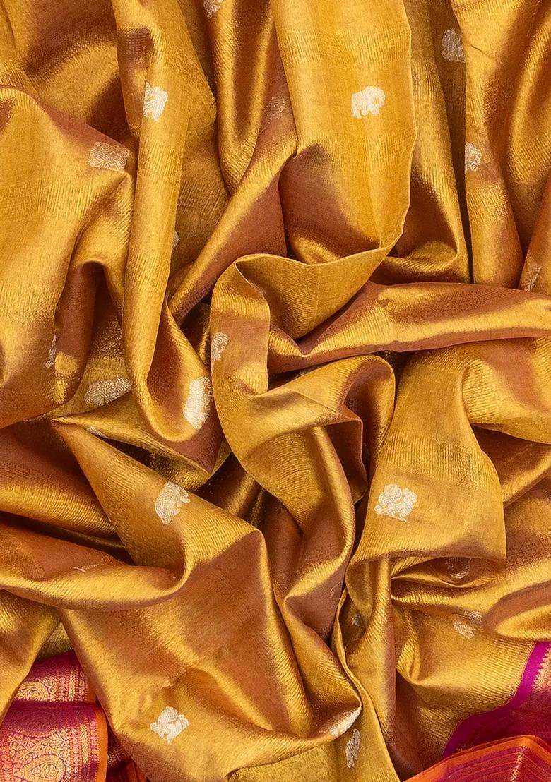 Gold Handloom Korvai Tissue Kanchipuram Silk Saree With Buttas With Korvai And Temple Border Design For Women - Indya