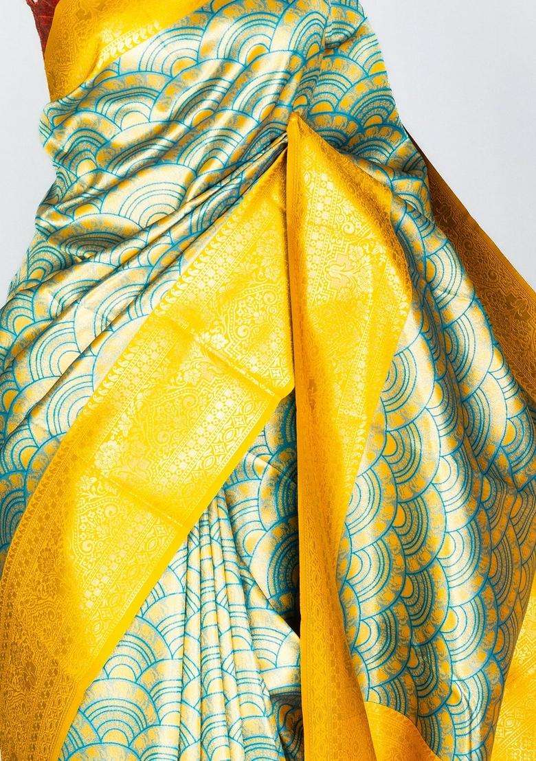 Yellow Woven Blended Tissue Silk Saree With Elephant Motifs With Buttas And Brocade Design For Women - Indya