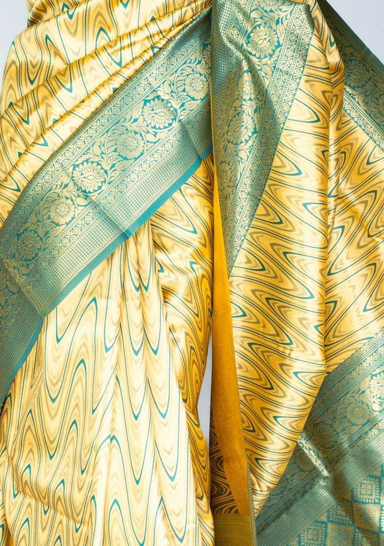 Gold Woven Blended Lichi Silk Saree With Waves Motifs With Buttas And Brocade Design For Women - Indya