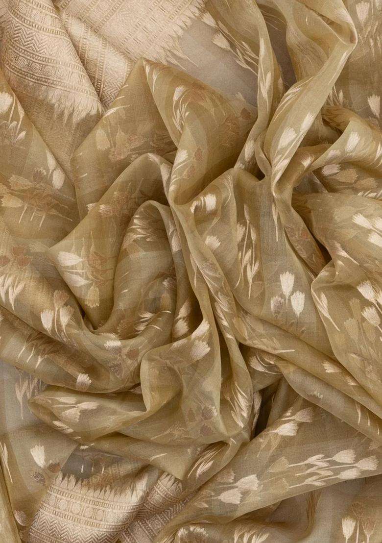 Taupe Handloom Organza Soft Silk Saree With Floral Motifs With Buttas And Brocade Design For Women - Indya