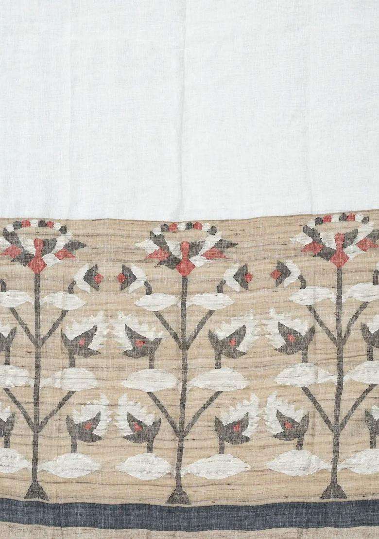 White Handloom Tussar Silk Saree With Printed Floral Pallu For Women - Indya