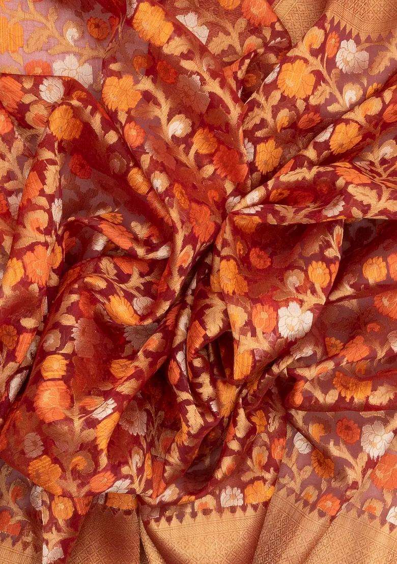 Red Handloom Organza Soft Silk Saree With Meena Floral Motifs With Buttas And Brocade Design For Women - Indya