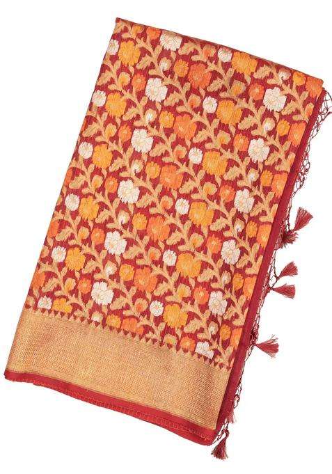 Red Handloom Organza Soft Silk Saree With Meena Floral Motifs With Buttas And Brocade Design For Women