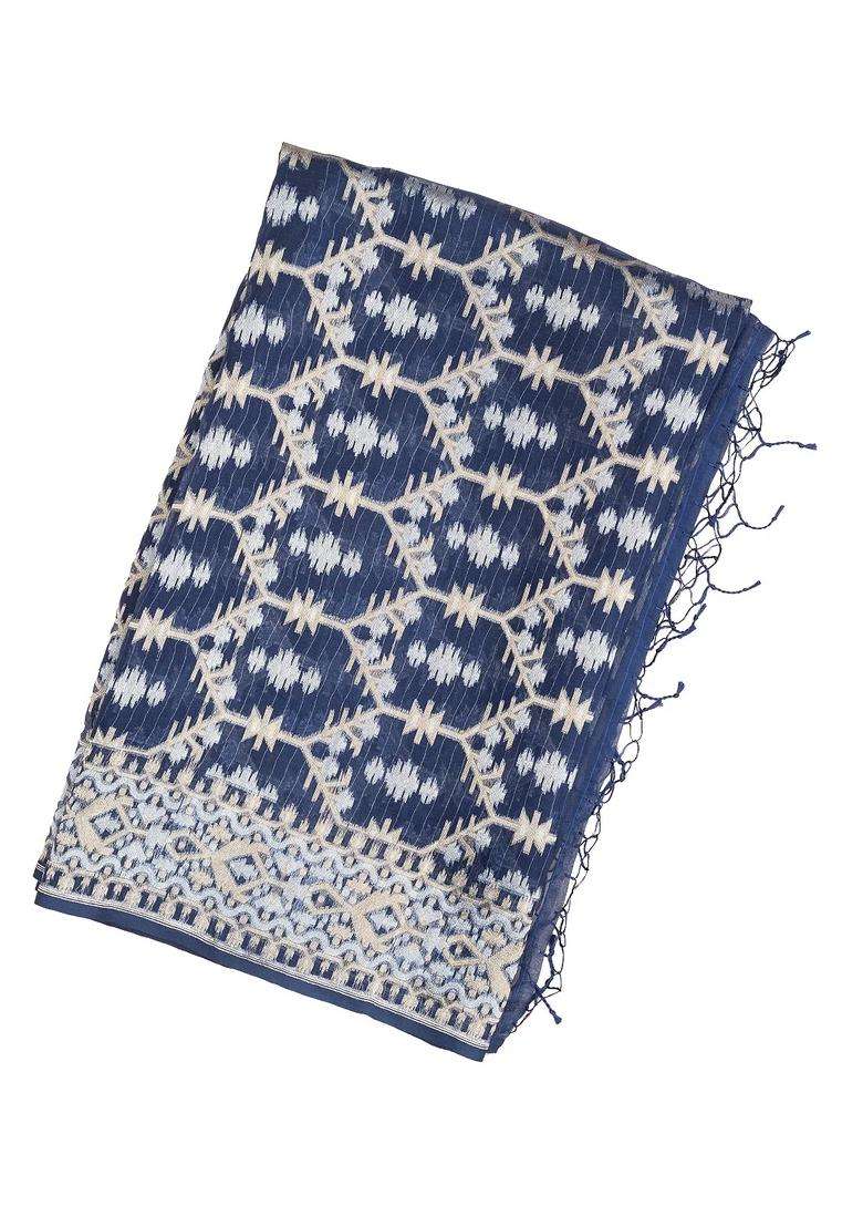 Navy Blue Handloom Organza Soft Silk Saree With Floral Motifs With Buttas And Brocade Design For Women - Indya