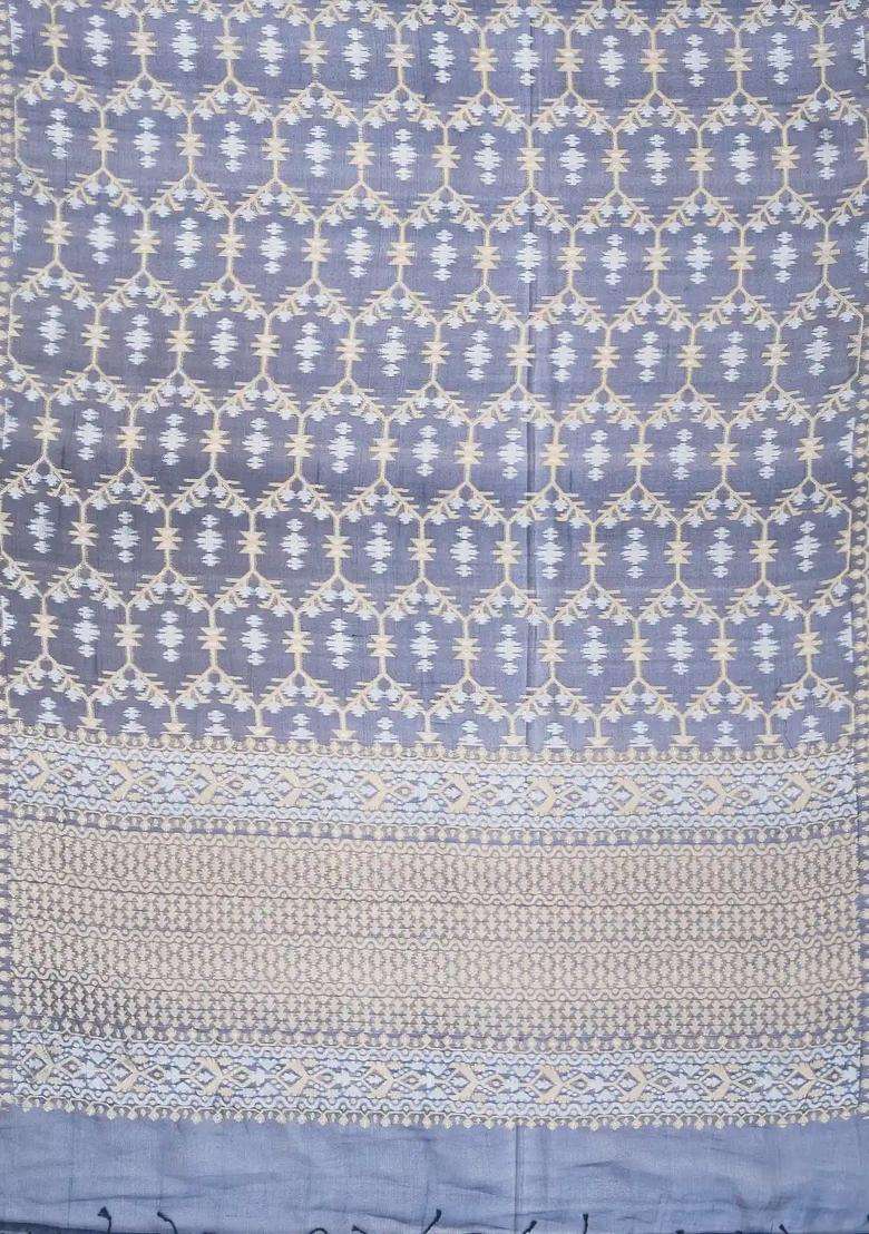 Navy Blue Handloom Organza Soft Silk Saree With Floral Motifs With Buttas And Brocade Design For Women - Indya