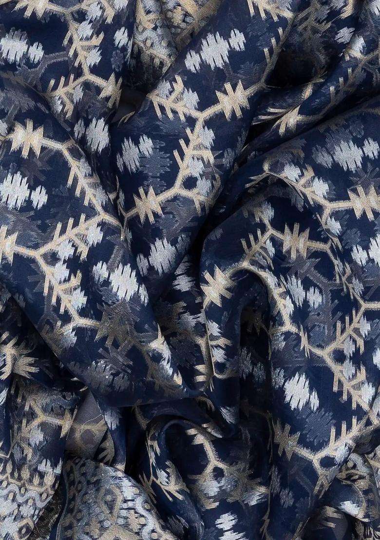 Navy Blue Handloom Organza Soft Silk Saree With Floral Motifs With Buttas And Brocade Design For Women - Indya