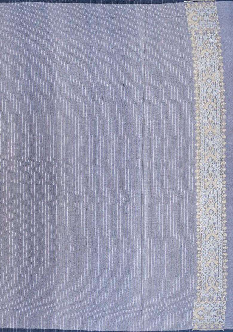Navy Blue Handloom Organza Soft Silk Saree With Floral Motifs With Buttas And Brocade Design For Women - Indya