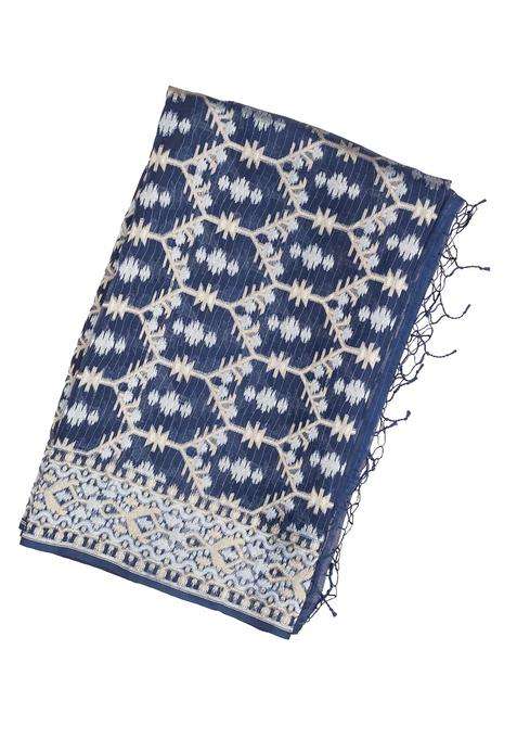 Navy Blue Handloom Organza Soft Silk Saree With Floral Motifs With Buttas And Brocade Design For Women