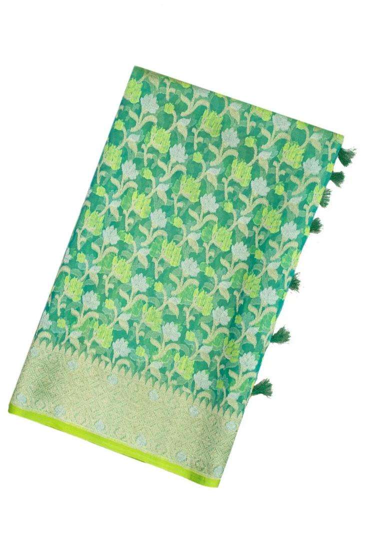 Green Handloom Organza Soft Silk Saree With Floral Motifs With Buttas And Brocade Design For Women - Indya