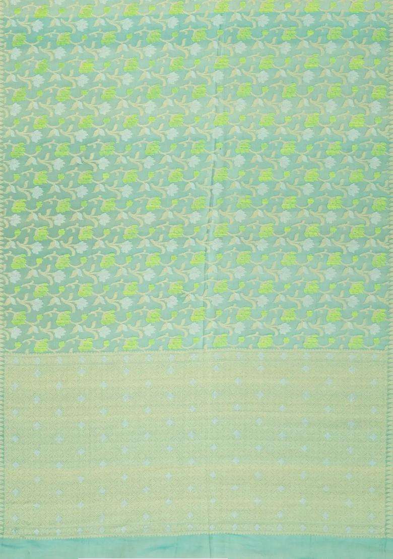 Green Handloom Organza Soft Silk Saree With Floral Motifs With Buttas And Brocade Design For Women - Indya