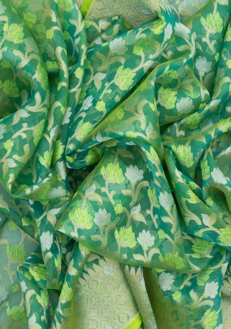 Green Handloom Organza Soft Silk Saree With Floral Motifs With Buttas And Brocade Design For Women - Indya
