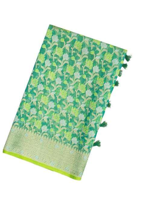 Green Handloom Organza Soft Silk Saree With Floral Motifs With Buttas And Brocade Design For Women