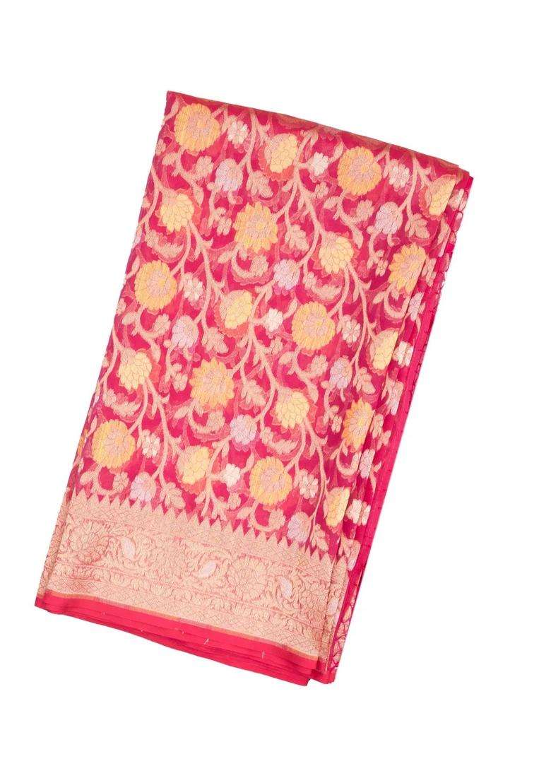 Pink Handloom Organza Soft Silk Saree With Floral Motifs With Buttas And Brocade Design For Women - Indya
