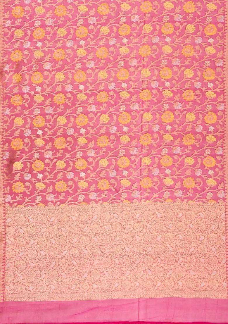 Pink Handloom Organza Soft Silk Saree With Floral Motifs With Buttas And Brocade Design For Women - Indya