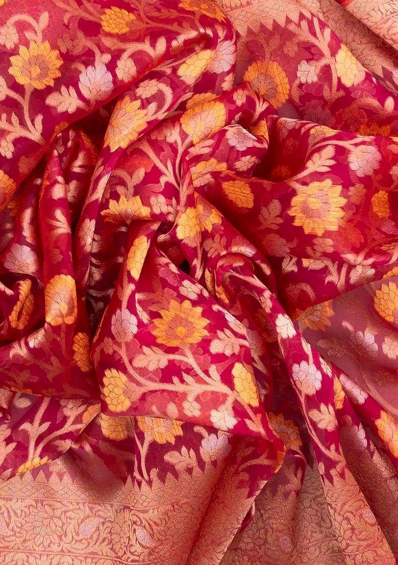 Pink Handloom Organza Soft Silk Saree With Floral Motifs With Buttas And Brocade Design For Women - Indya