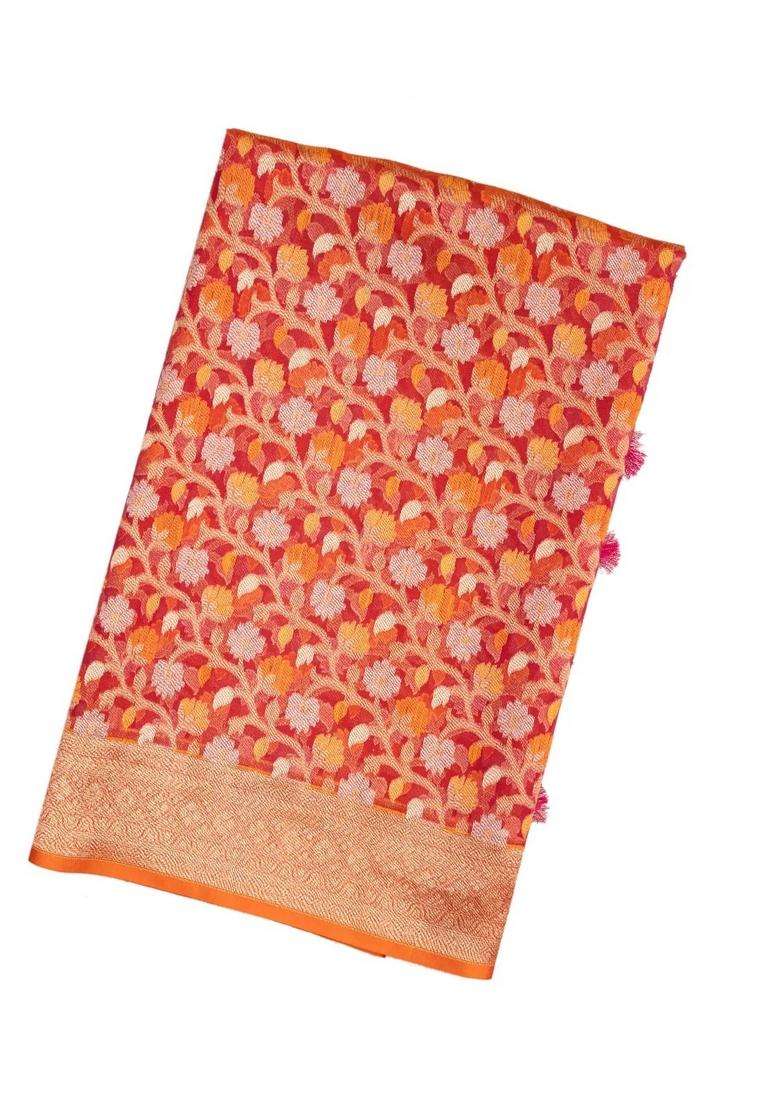 Peach Handloom Organza Soft Silk Saree With Floral Motifs With Buttas And Brocade Design For Women - Indya