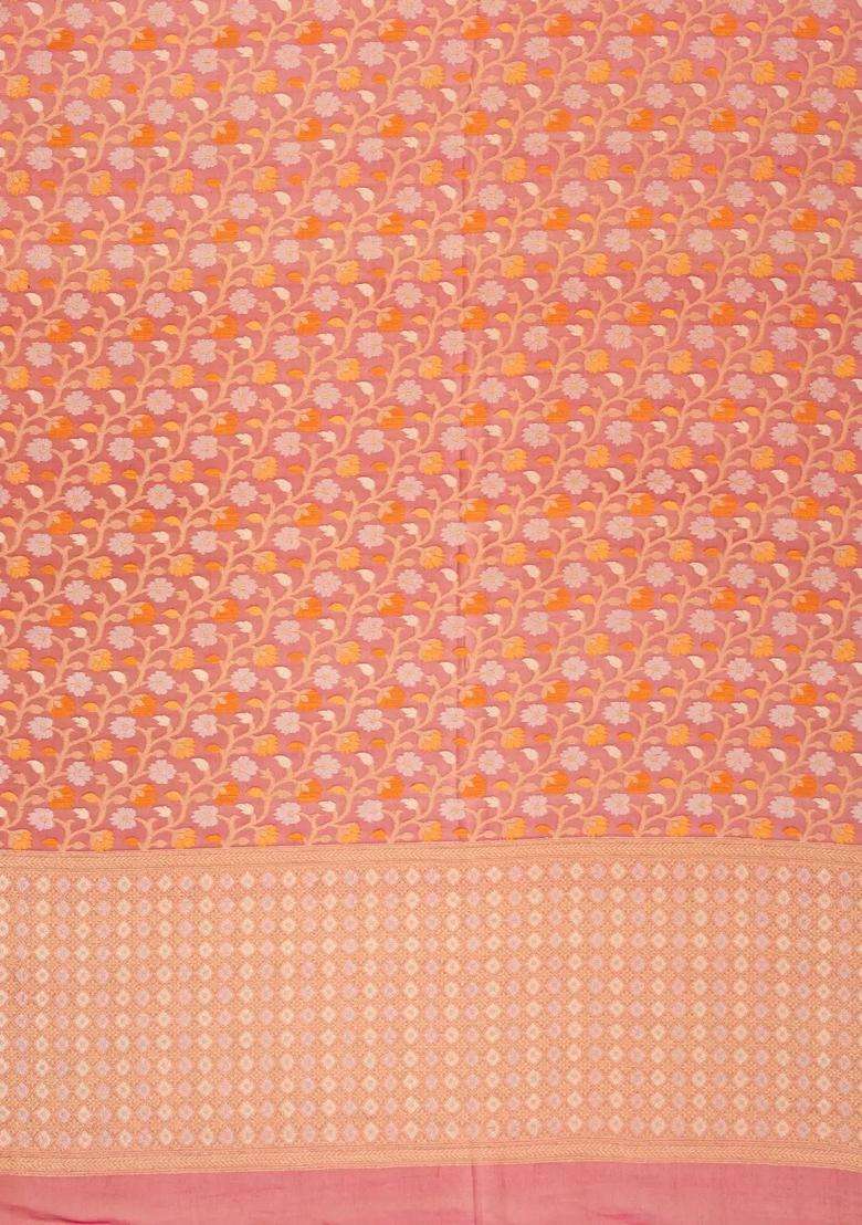 Peach Handloom Organza Soft Silk Saree With Floral Motifs With Buttas And Brocade Design For Women - Indya