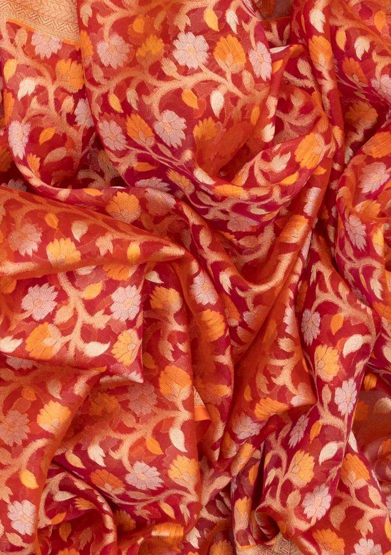 Peach Handloom Organza Soft Silk Saree With Floral Motifs With Buttas And Brocade Design For Women - Indya