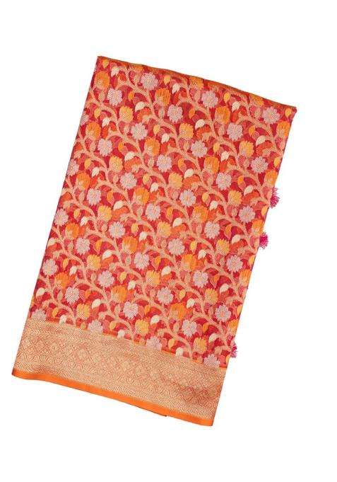 Peach Handloom Organza Soft Silk Saree With Floral Motifs With Buttas And Brocade Design For Women