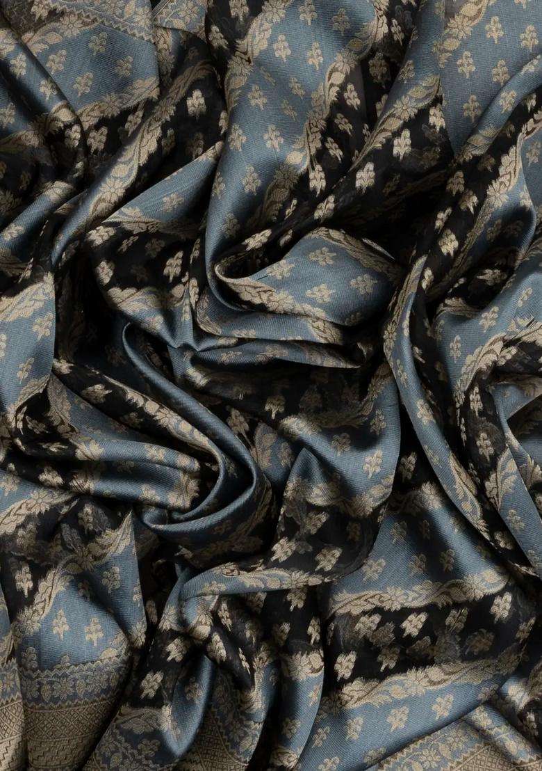 Grey Black Handloom Organza Soft Silk Saree With Floral Motifs With Buttas And Brocade Design For Women - Indya