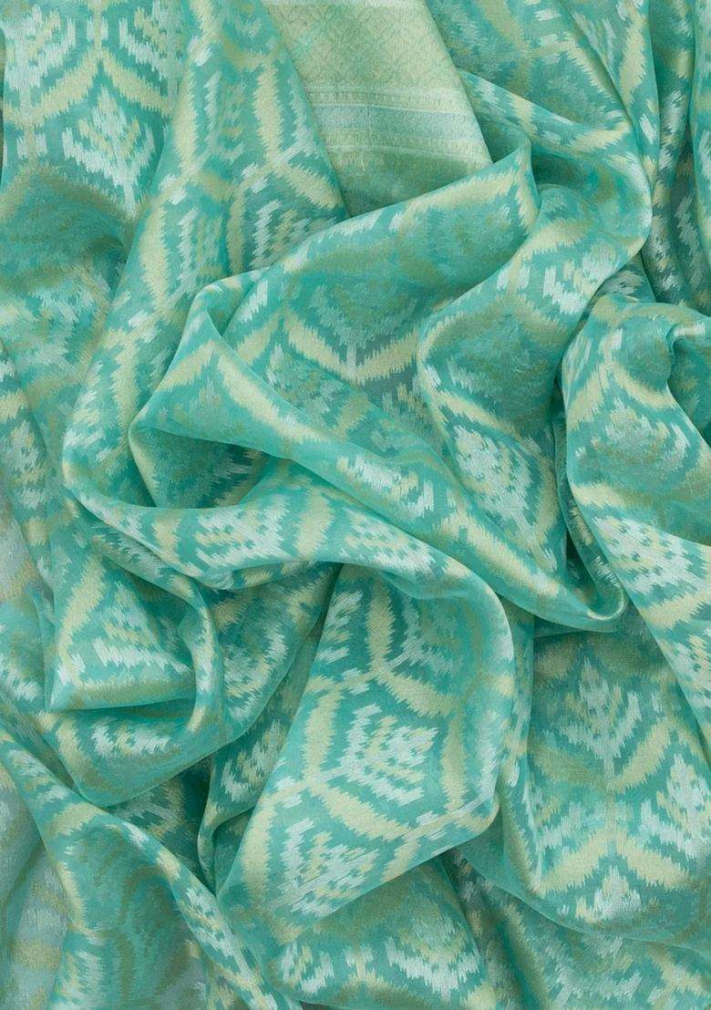Turquoise Handloom Organza Soft Silk Saree With Floral Motifs With Buttas And Brocade Design For Women - Indya