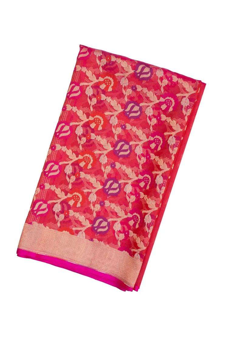 Peach Handloom Organza Soft Silk Saree With Meena Floral Motifs With Buttas And Brocade Design For Women - Indya