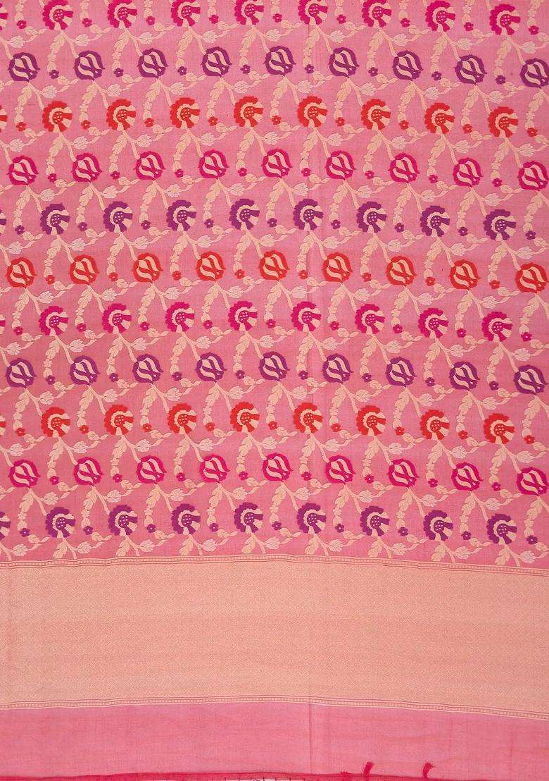 Peach Handloom Organza Soft Silk Saree With Meena Floral Motifs With Buttas And Brocade Design For Women - Indya