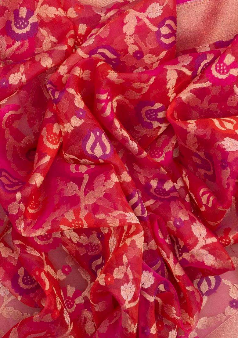 Peach Handloom Organza Soft Silk Saree With Meena Floral Motifs With Buttas And Brocade Design For Women - Indya