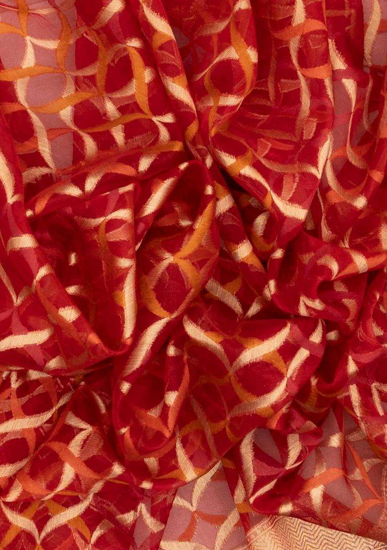 Red Handloom Organza Soft Silk Saree With Jaal Motifs With Buttas And Brocade Design For Women - Indya