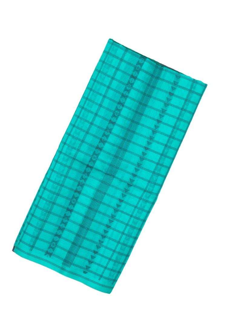 Turquoise Handloom Kora Soft Silk Organza Saree With Stripes Checks With Checks And Stripes Design For Women - Indya