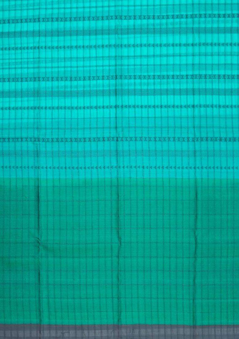 Turquoise Handloom Kora Soft Silk Organza Saree With Stripes Checks With Checks And Stripes Design For Women - Indya