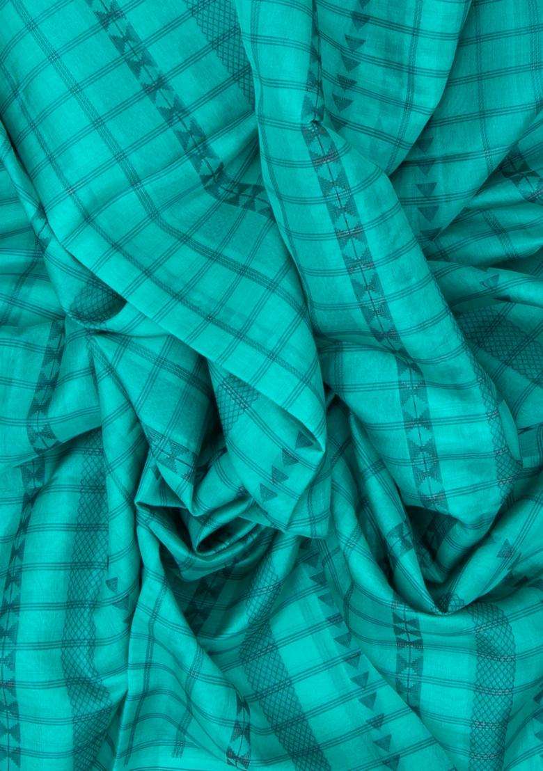 Turquoise Handloom Kora Soft Silk Organza Saree With Stripes Checks With Checks And Stripes Design For Women - Indya