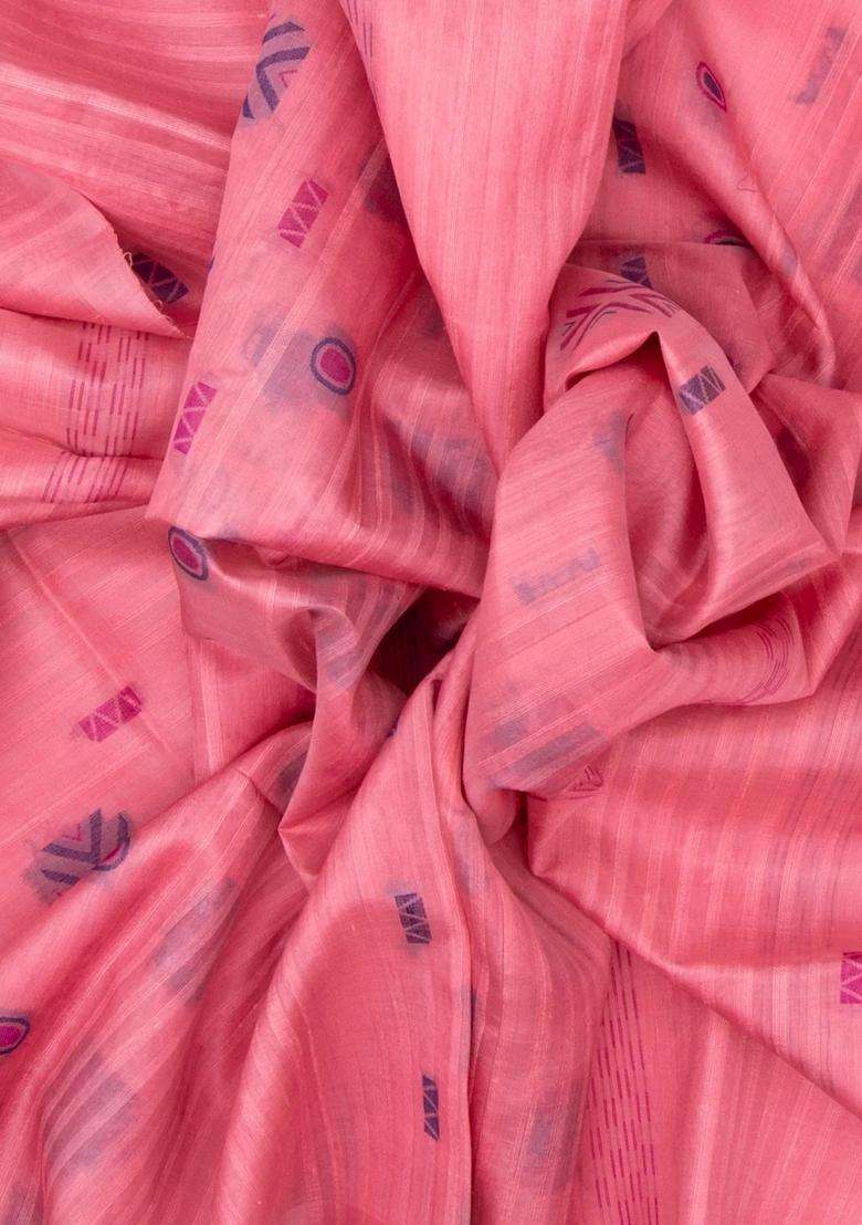 Peach Handloom Organza Soft Silk Saree With Stripes Buttas With Buttas And Brocade Design For Women - Indya