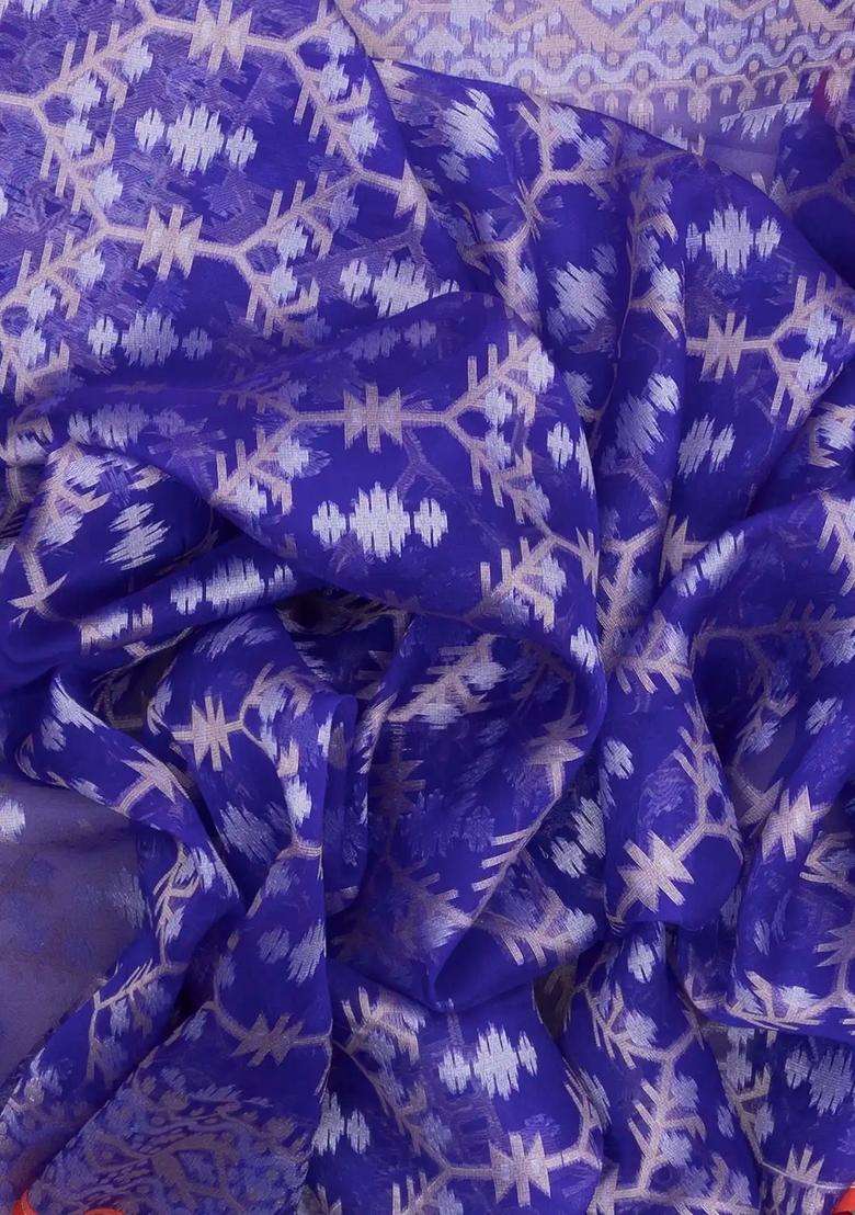 Blue Handloom Organza Soft Silk Saree With Floral Vine Motifs With Buttas And Brocade Design For Women - Indya