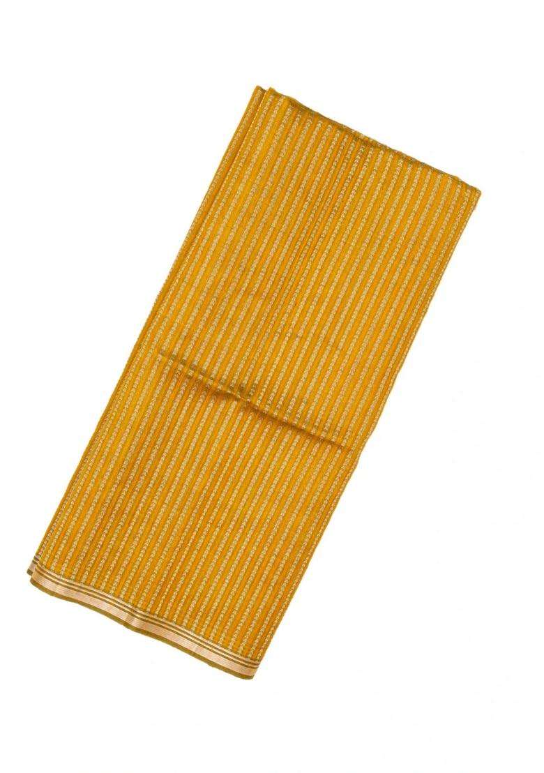 Mustard Handloom Organza Soft Silk Saree With Stripes With Buttas And Brocade Design For Women - Indya