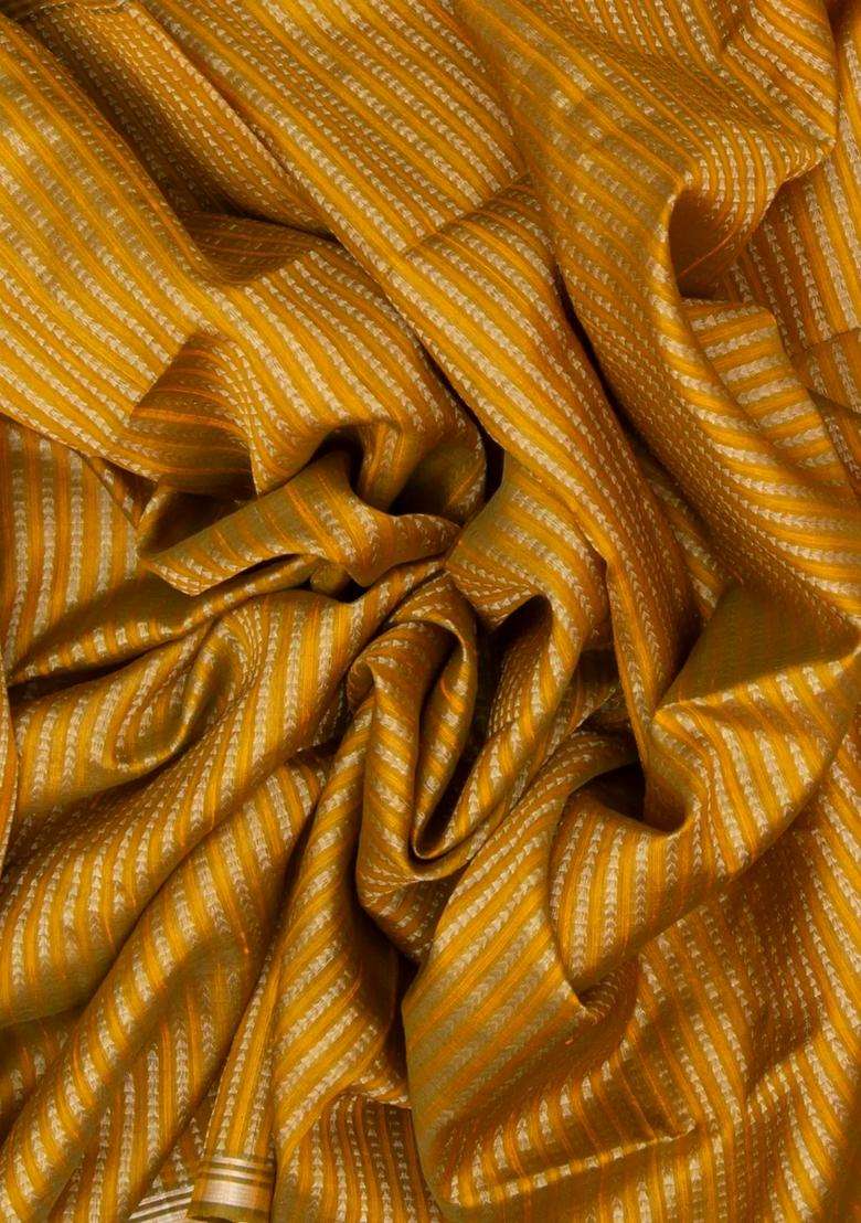 Mustard Handloom Organza Soft Silk Saree With Stripes With Buttas And Brocade Design For Women - Indya