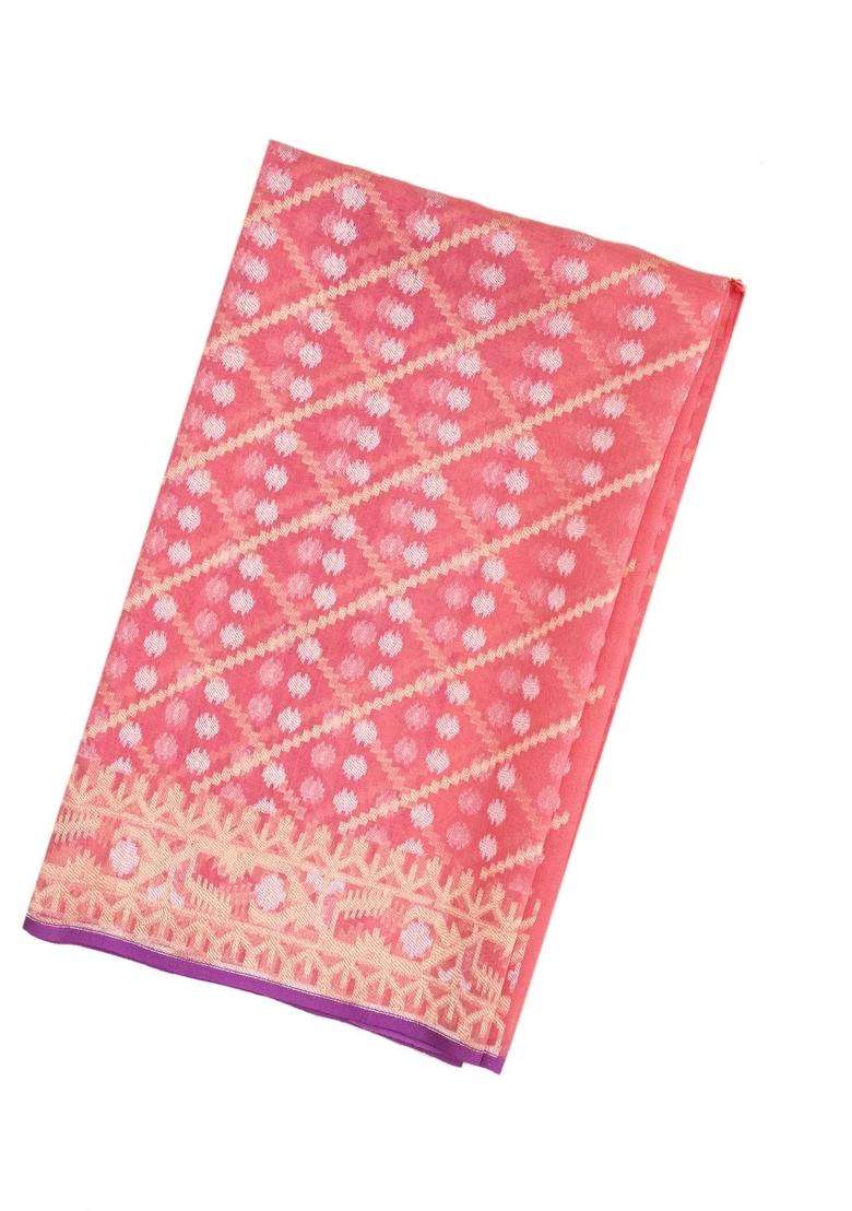 Peach Handloom Organza Soft Silk Saree With Floral Motifs With Buttas And Brocade Design For Women - Indya