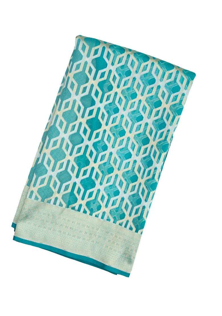 Aquamarine Handloom Organza Soft Silk Saree With Geometric Jaal Motifs With Buttas And Brocade Design For Women - Indya